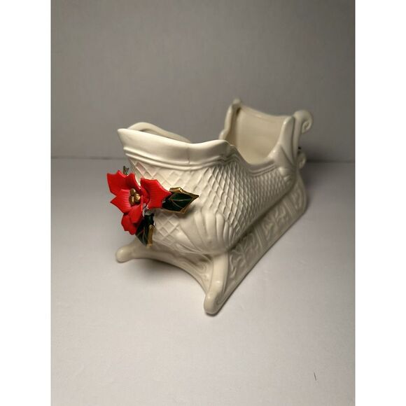 Santa's Sleigh Christmas Poinsettia Flower Center Piece Candy Dish World Bazaars - Picture 9 of 12